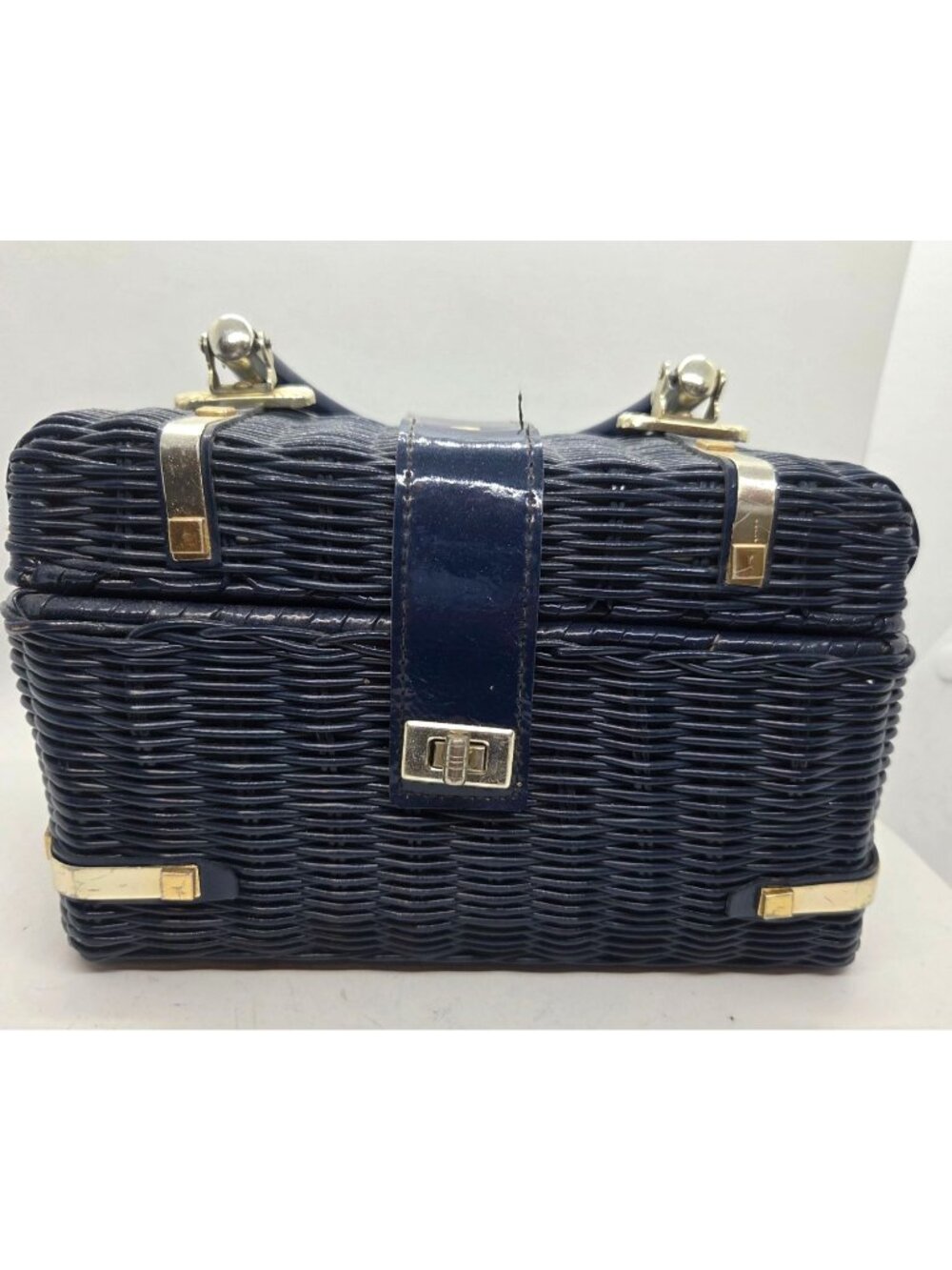 VTG Navy Wicker Handbag Top Handle Box Purse Gold Tone Hardware